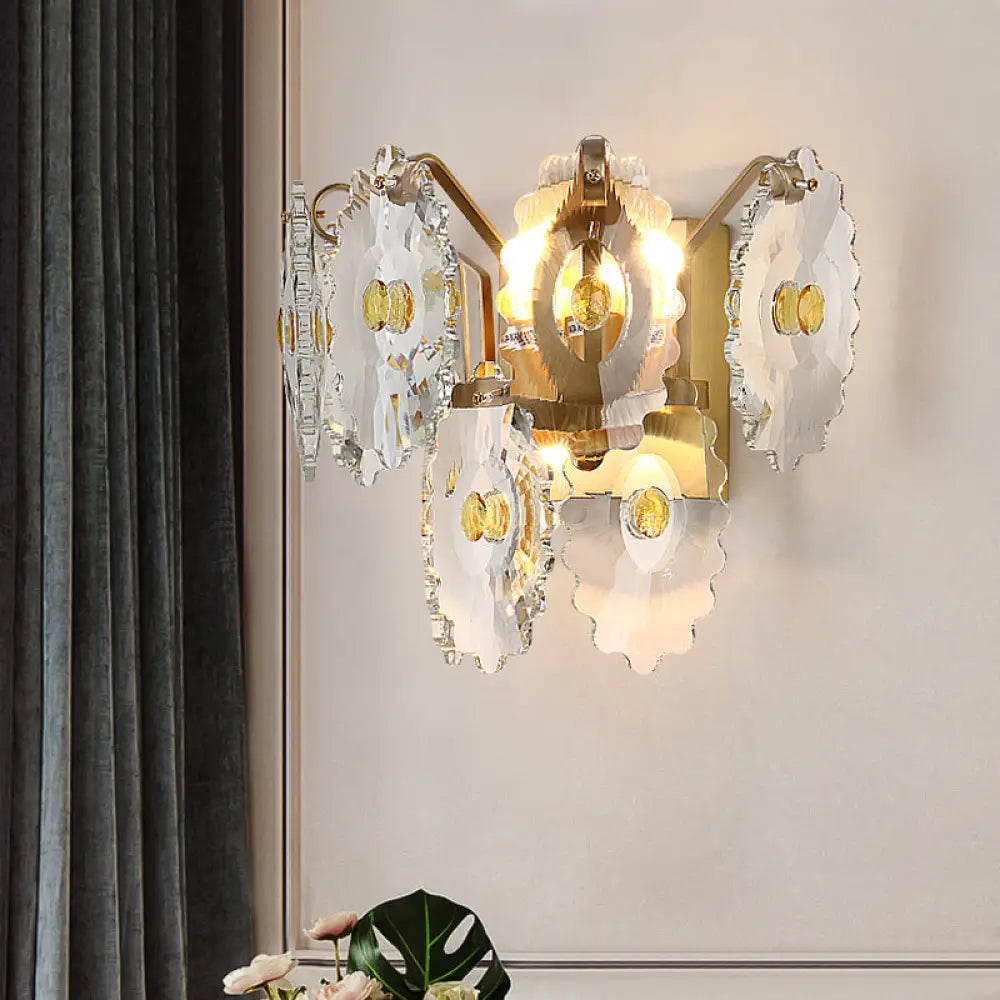 Postmodern 2-Light Wall Sconce With Clear Crystal And Green/Gold Gem Accent Gold