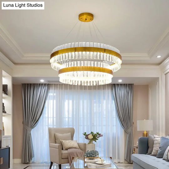 Postmodern 2-Tier Crystal Rod Living Room Pendant Light In Gold - 23.5/31.5 Wide Led Hanging Lamp