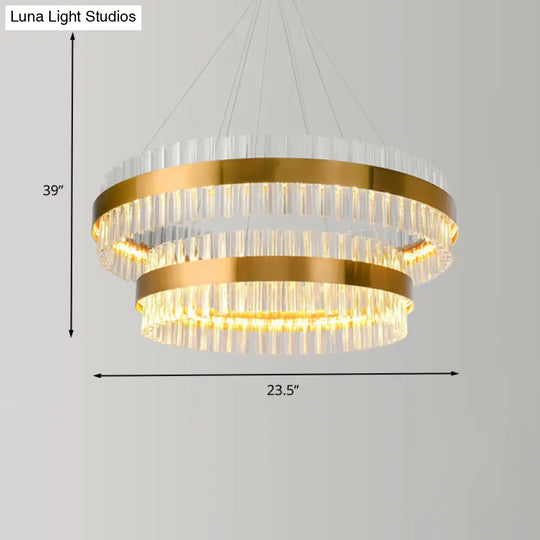 Postmodern 2-Tier Crystal Rod Living Room Pendant Light In Gold - 23.5/31.5 Wide Led Hanging Lamp