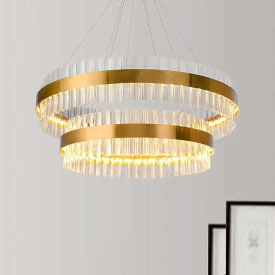 Postmodern 2-Tier Crystal Rod Living Room Pendant Light In Gold - 23.5/31.5 Wide Led Hanging Lamp /