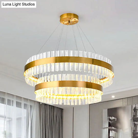 Postmodern 2-Tier Crystal Rod Living Room Pendant Light In Gold - 23.5/31.5 Wide Led Hanging Lamp