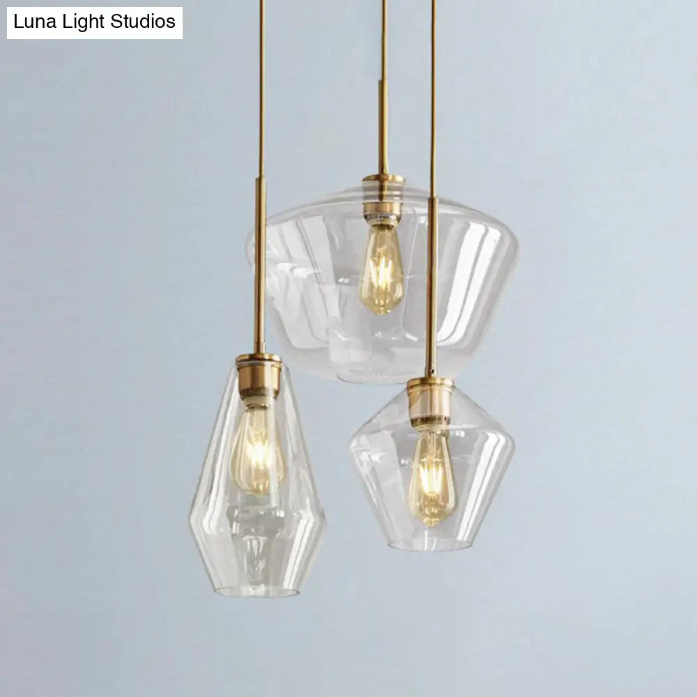 Postmodern 3-Head Gemstone Glass Pendant Light With Brass Finish