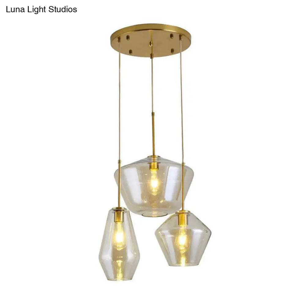 Postmodern 3-Head Gemstone Glass Pendant Light With Brass Finish