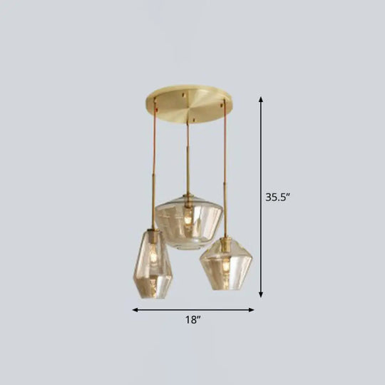 Postmodern 3-Head Gemstone Glass Pendant Light With Brass Finish Champagne