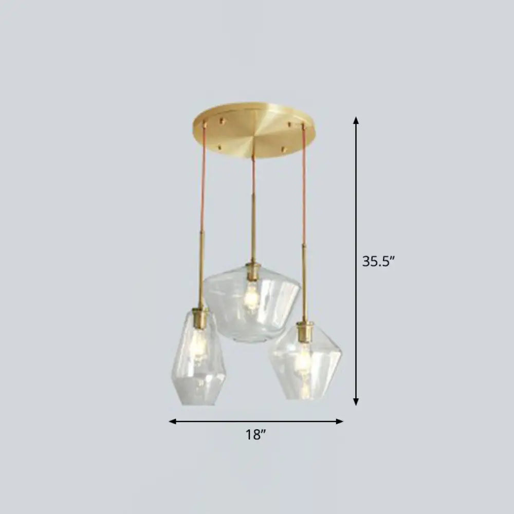 Postmodern 3-Head Gemstone Glass Pendant Light With Brass Finish Clear