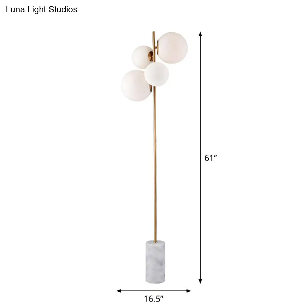 Postmodern 4-Head Floor Light With Brass Globe Stand Up Lamp And White Glass Shade - Ideal For