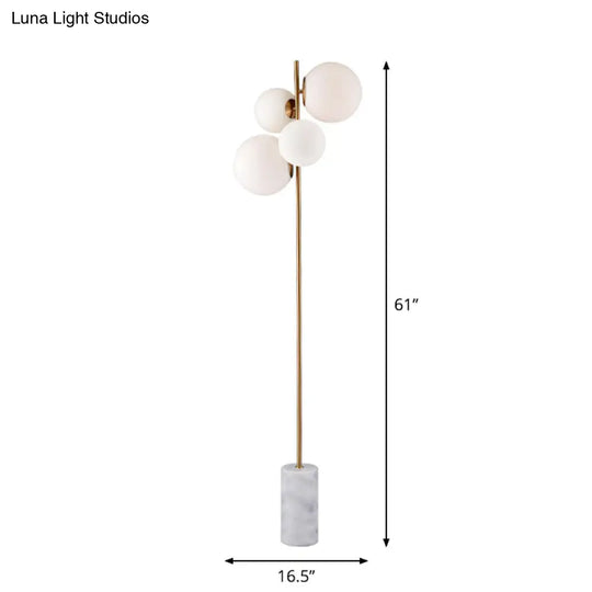 Postmodern 4-Head Floor Light With Brass Globe Stand Up Lamp And White Glass Shade - Ideal For