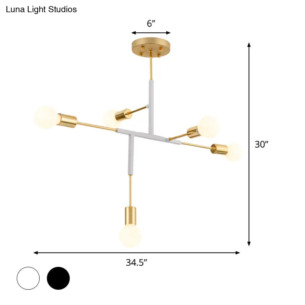 Postmodern 5-Head Semi Flush Mount Ceiling Light With Vertical Exposed Metal - Black/White And Gold