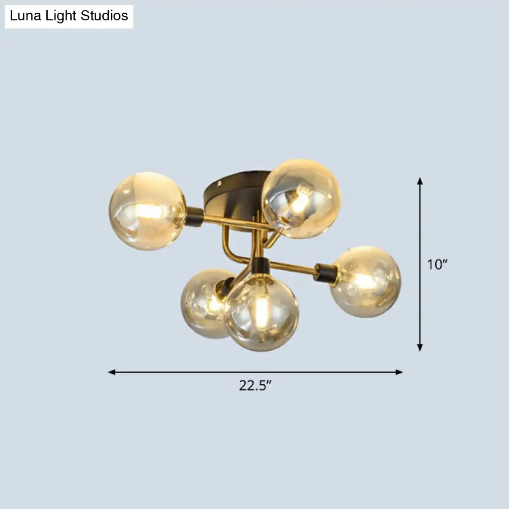 Postmodern 5-Light Sphere Flush Mount Lamp: Glass Semi Ceiling Light In Black-Brass For Bedrooms