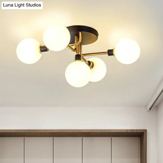 Postmodern 5 - Light Sphere Flush Mount Lamp: Glass Semi Ceiling Light In Black - Brass For Bedrooms