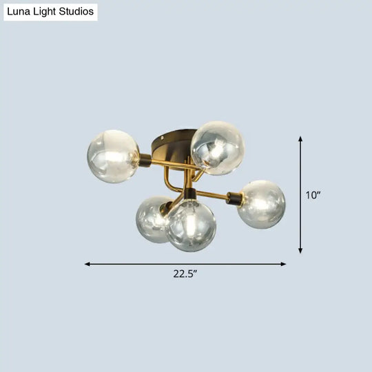 Postmodern 5-Light Sphere Flush Mount Lamp: Glass Semi Ceiling Light In Black-Brass For Bedrooms