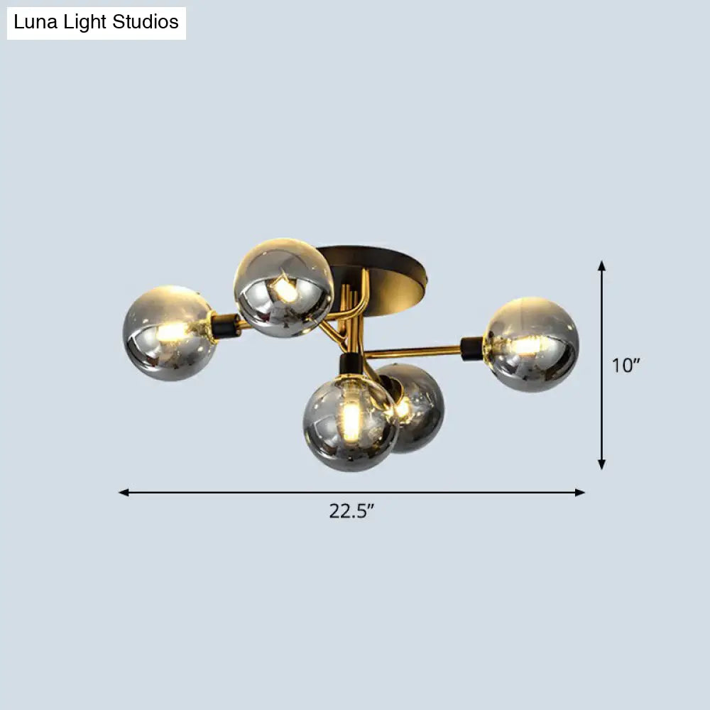 Postmodern 5-Light Sphere Flush Mount Lamp: Glass Semi Ceiling Light In Black-Brass For Bedrooms