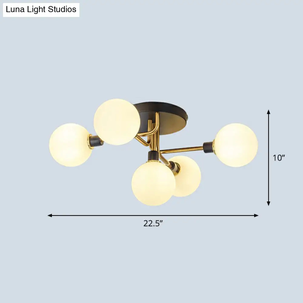 Postmodern 5-Light Sphere Flush Mount Lamp: Glass Semi Ceiling Light In Black-Brass For Bedrooms