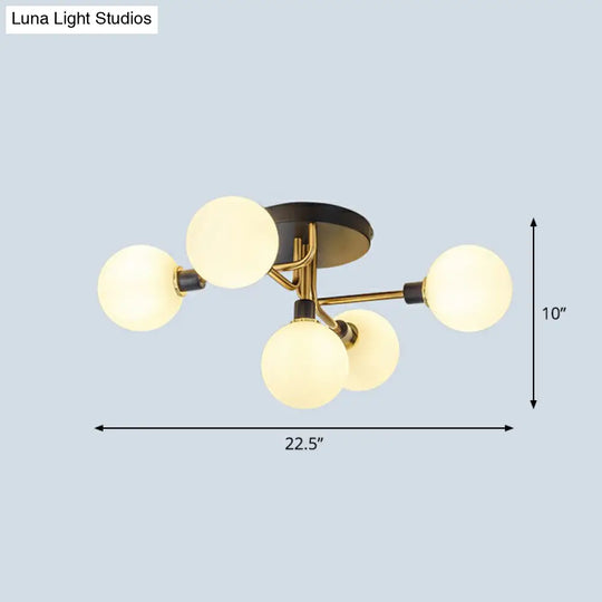 Postmodern 5-Light Sphere Flush Mount Lamp: Glass Semi Ceiling Light In Black-Brass For Bedrooms