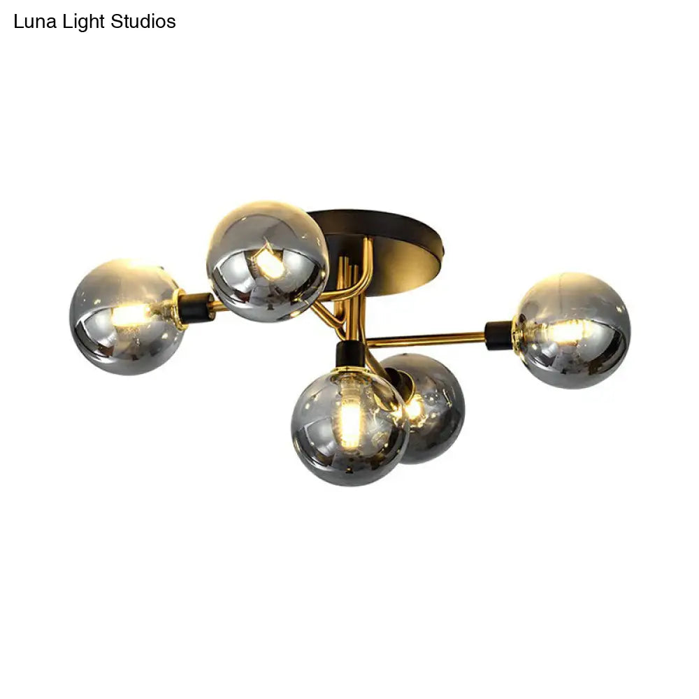 Postmodern 5-Light Sphere Flush Mount Lamp: Glass Semi Ceiling Light In Black-Brass For Bedrooms