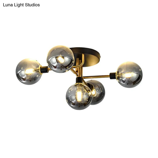 Postmodern 5-Light Sphere Flush Mount Lamp: Glass Semi Ceiling Light In Black-Brass For Bedrooms