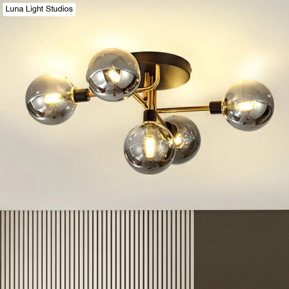 Postmodern 5 - Light Sphere Flush Mount Lamp: Glass Semi Ceiling Light In Black - Brass For Bedrooms