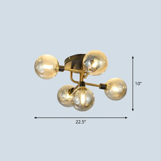 Postmodern 5 - Light Sphere Flush Mount Lamp: Glass Semi Ceiling Light In Black - Brass For