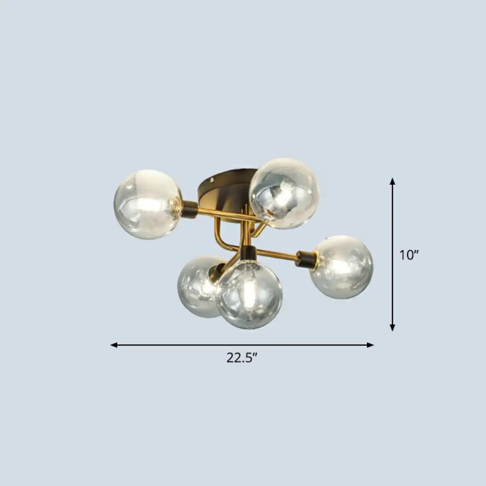 Postmodern 5 - Light Sphere Flush Mount Lamp: Glass Semi Ceiling Light In Black - Brass For