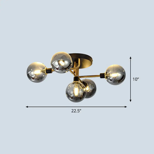 Postmodern 5 - Light Sphere Flush Mount Lamp: Glass Semi Ceiling Light In Black - Brass For