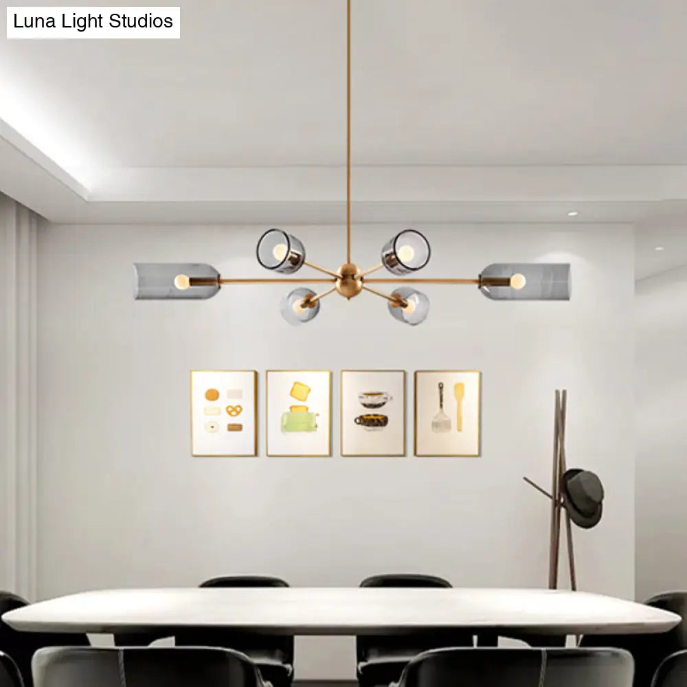 Postmodern 6-Bulb Gold Chandelier With Smoky Grey Cloche Glass Shade - Hanging Pendant