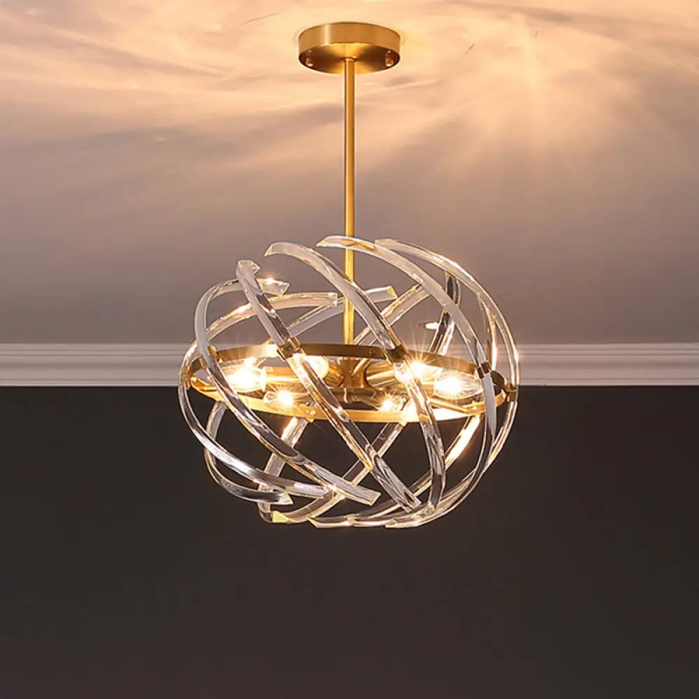 Postmodern 6-Head Bedroom Chandelier - Stylish Gold Hanging Light With Curved Crystal Shades