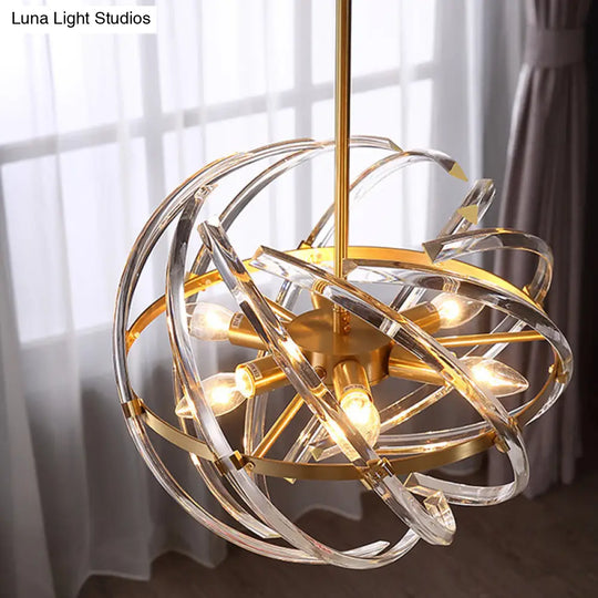 Postmodern 6-Head Bedroom Chandelier - Stylish Gold Hanging Light With Curved Crystal Shades