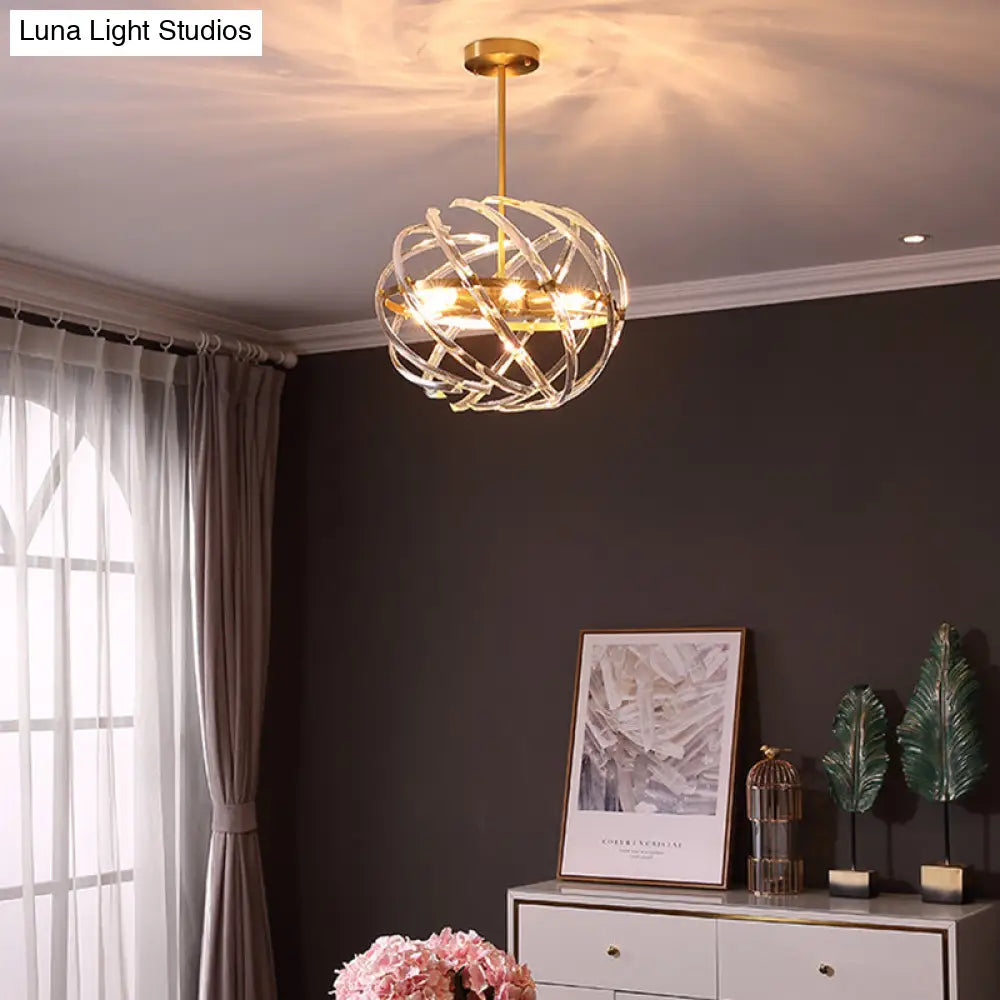 Postmodern 6-Head Bedroom Chandelier - Stylish Gold Hanging Light With Curved Crystal Shades