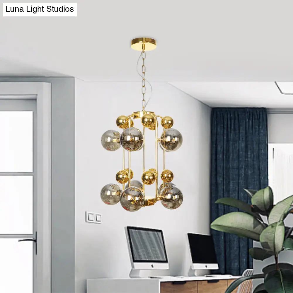 Modern 8-Bulb Brass Chandelier With Smoke Grey Glass Shade