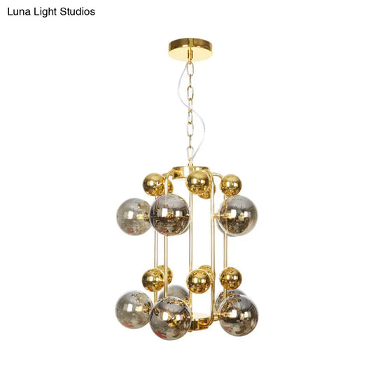 Postmodern 8-Bulb Chandelier Lamp With Smoke Grey Glass - Brass Molecular Pendant Light Fixture