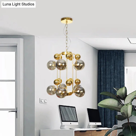 Postmodern 8-Bulb Chandelier Lamp With Smoke Grey Glass - Brass Molecular Pendant Light Fixture