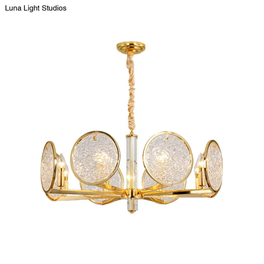 Postmodern 8-Head Gold Hanging Chandelier With Textured Glass - Ideal For Dining Table