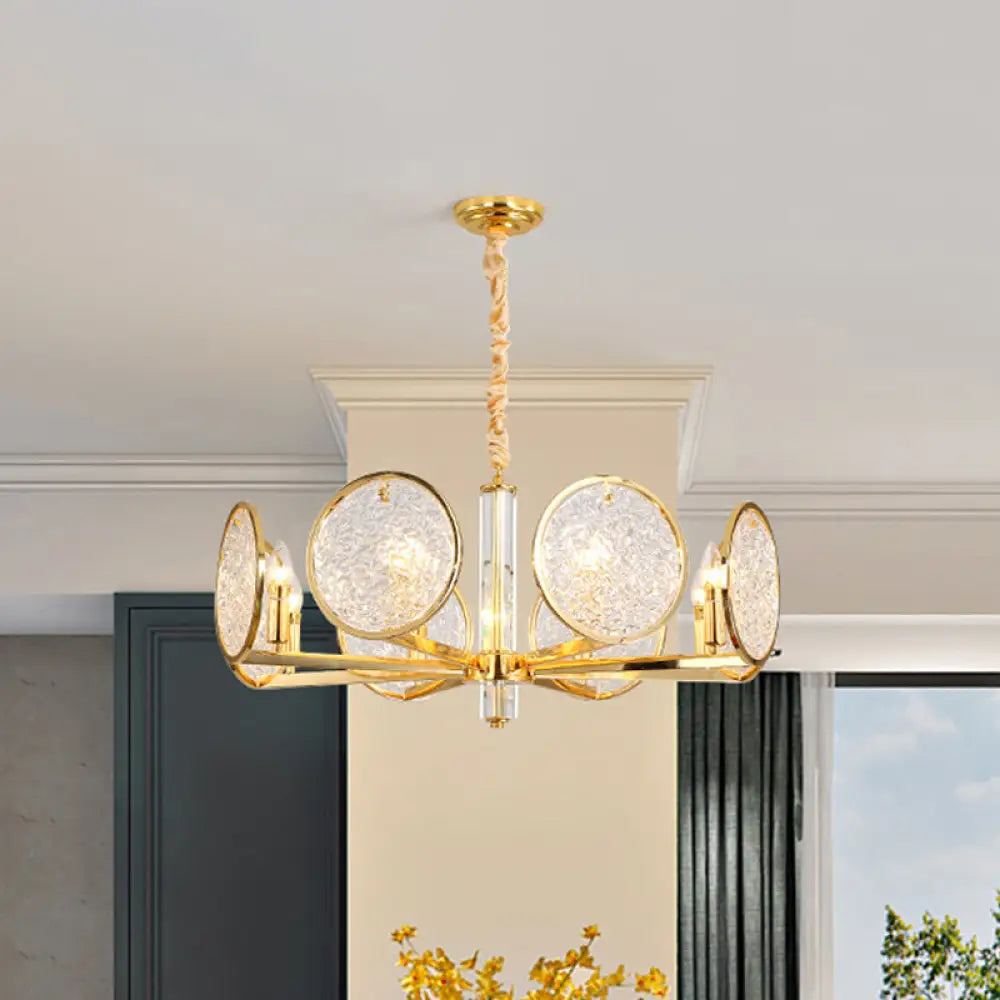 Postmodern 8-Head Gold Hanging Chandelier With Textured Glass - Ideal For Dining Table