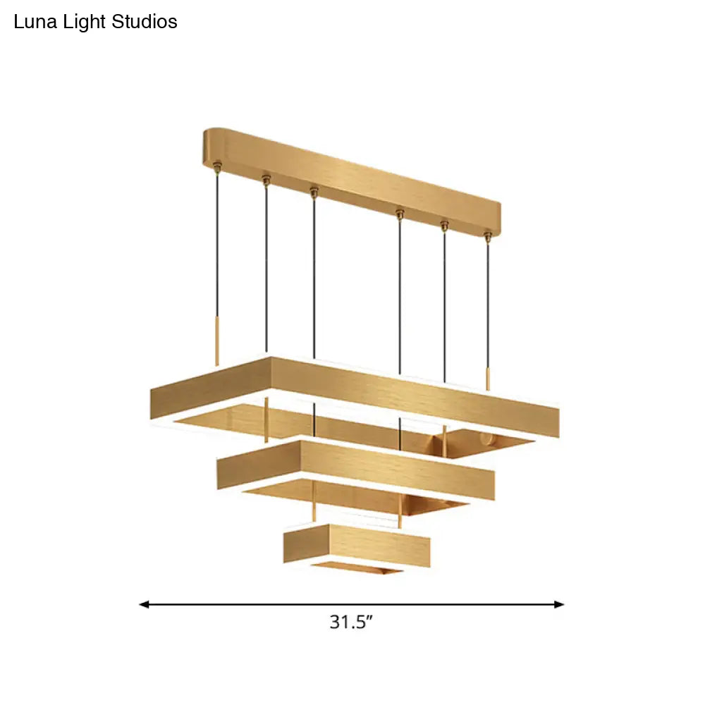 Postmodern Acrylic Gold Finish Led Chandelier - 2/3 Tiers Square/Rectangle Pendant Light For Living