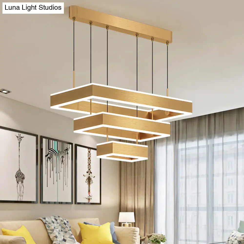 Postmodern Acrylic Gold Finish Led Chandelier - 2/3 Tiers Square/Rectangle Pendant Light For Living