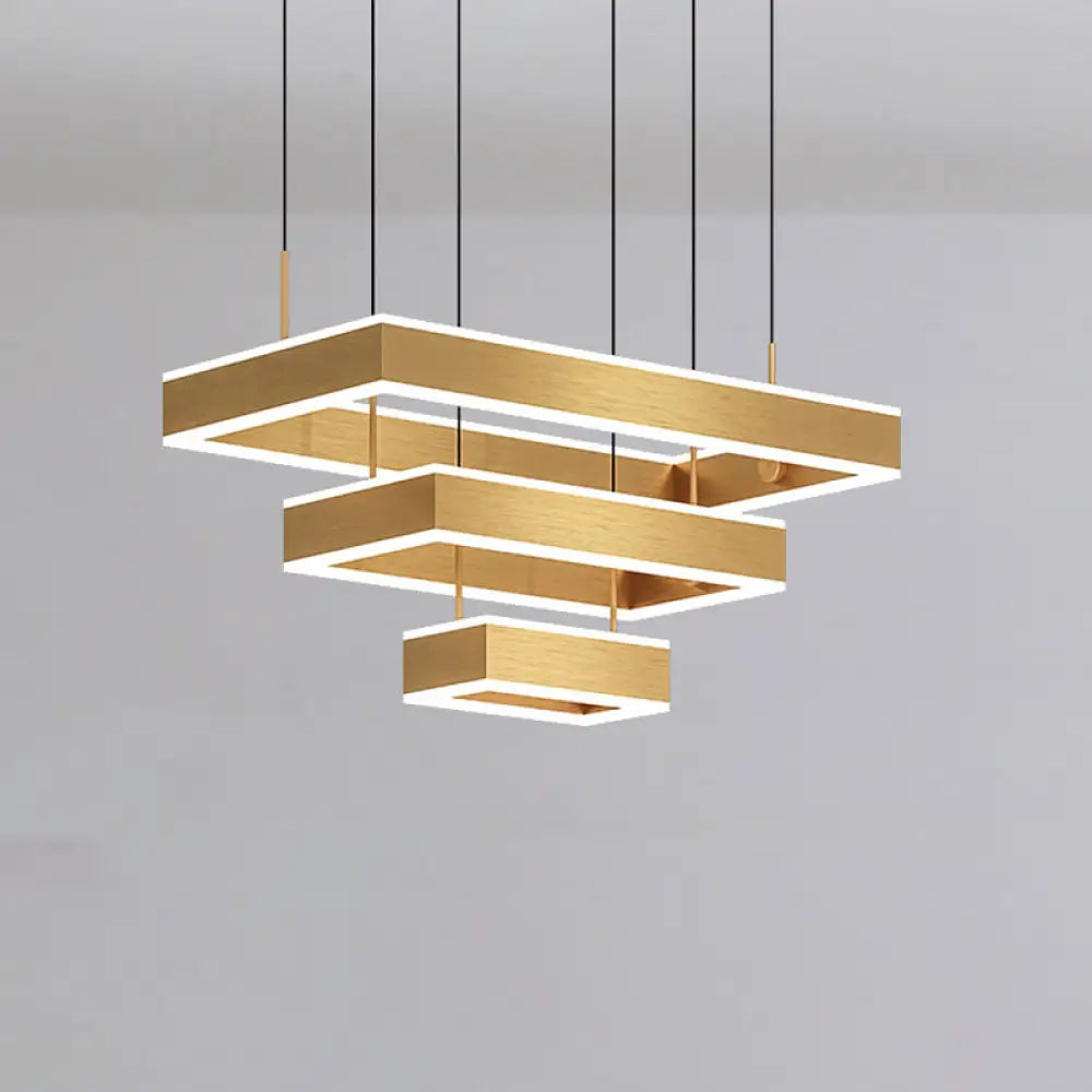 Postmodern Acrylic Gold Finish Led Chandelier - 2/3 Tiers Square/Rectangle Pendant Light For Living