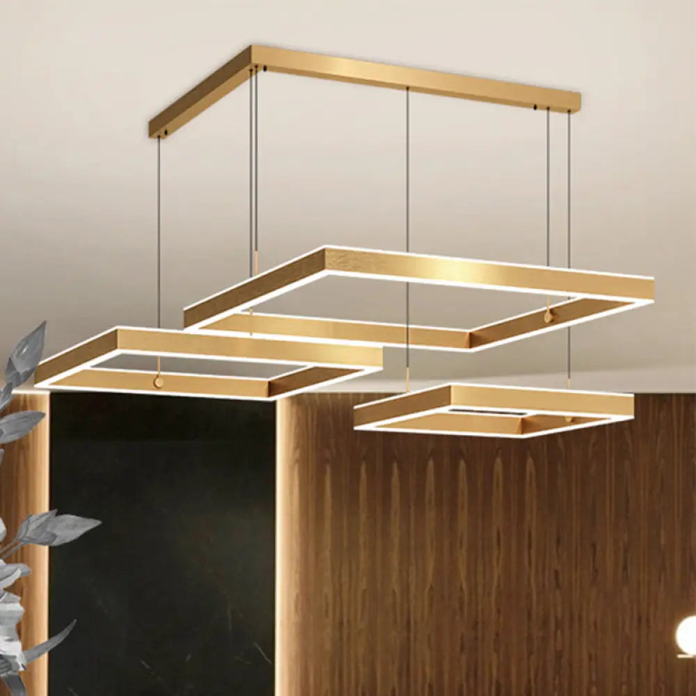 Postmodern Acrylic Gold Finish Led Chandelier - 2/3 Tiers Square/Rectangle Pendant Light For Living