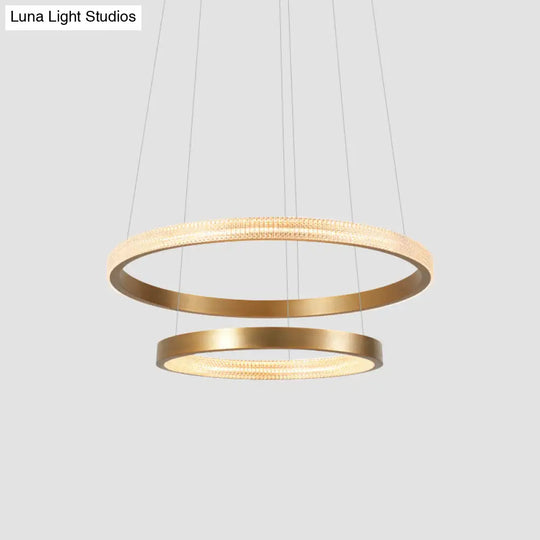 Postmodern Aluminum Led Chandelier With Gold Finish - 2/3 Tiered Hoop Pendant Light