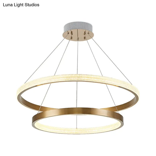 Postmodern Aluminum Led Chandelier With Gold Finish - 2/3 Tiered Hoop Pendant Light