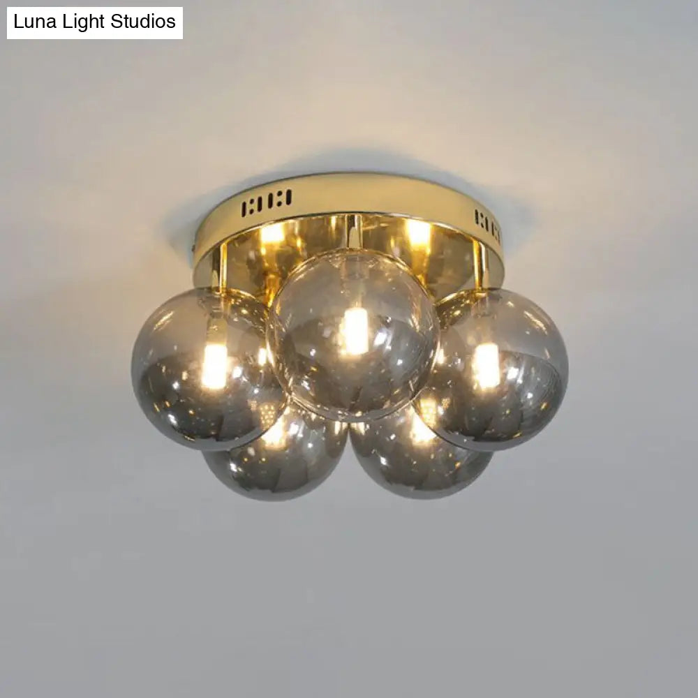 Postmodern Ball Smoke Grey Glass Ceiling Lamp With Gold Finish - Semi Flush Light Fixture (5 Lights)