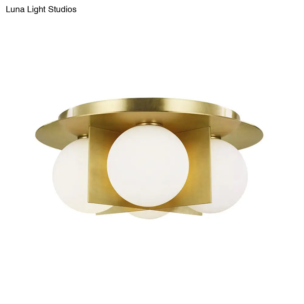 Postmodern Bedroom Ceiling Lamp: 3-Light Flush Mount With Black/Gold/Chrome Finish & Milky Glass