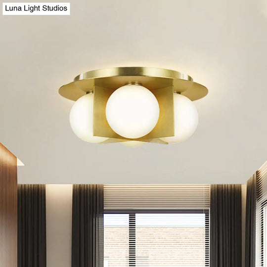 Postmodern Bedroom Ceiling Lamp: 3-Light Flush Mount With Black/Gold/Chrome Finish & Milky Glass