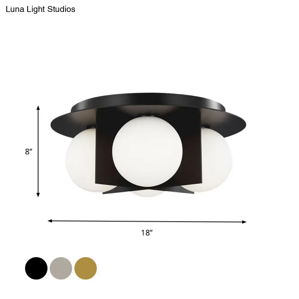 Postmodern Bedroom Ceiling Lamp: 3-Light Flush Mount With Black/Gold/Chrome Finish & Milky Glass