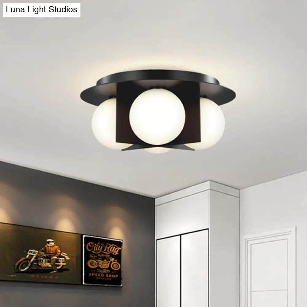 Postmodern Bedroom Ceiling Lamp: 3-Light Flush Mount With Black/Gold/Chrome Finish & Milky Glass