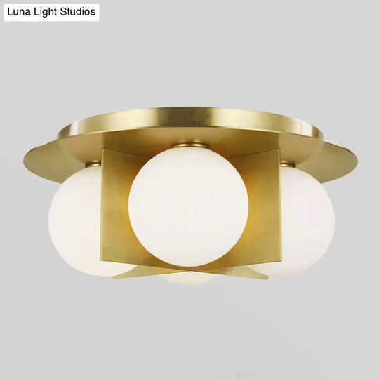 Postmodern Bedroom Ceiling Lamp: 3-Light Flush Mount With Black/Gold/Chrome Finish & Milky Glass