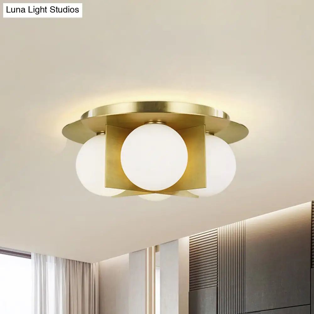 Postmodern Bedroom Ceiling Lamp: 3-Light Flush Mount With Black/Gold/Chrome Finish & Milky Glass