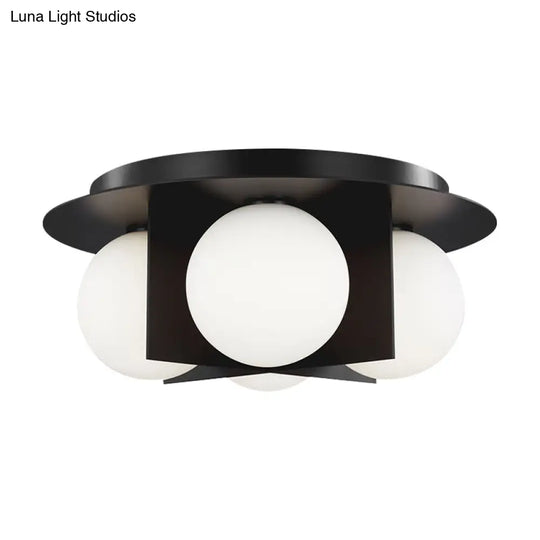 Postmodern Bedroom Ceiling Lamp: 3-Light Flush Mount With Black/Gold/Chrome Finish & Milky Glass