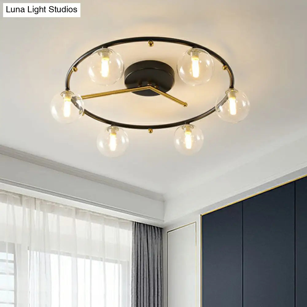 Postmodern Black & Brass 6-Head Ball Glass Ceiling Lamp: Stylish Semi Flush Mount Light