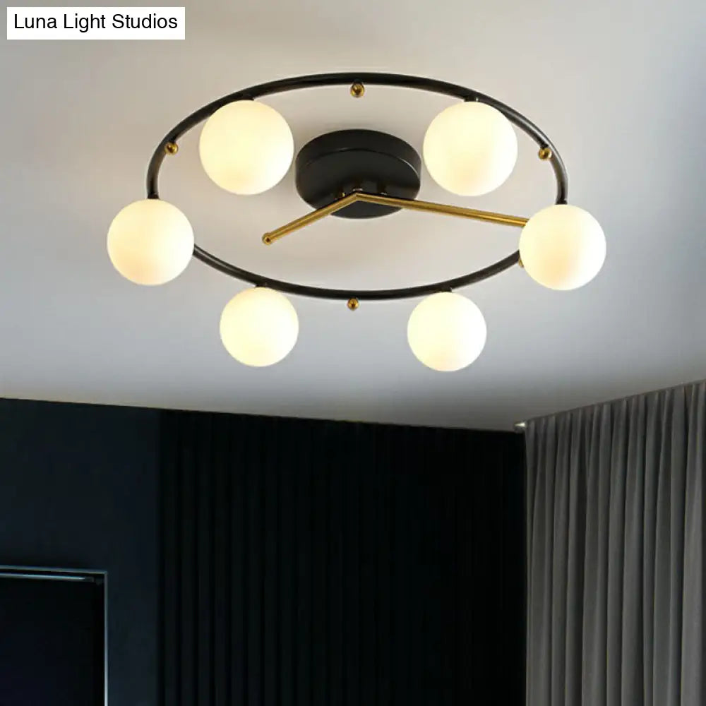 Postmodern Black & Brass 6-Head Ball Glass Ceiling Lamp: Stylish Semi Flush Mount Light