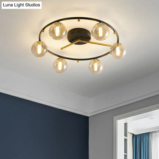 Postmodern Black & Brass 6-Head Ball Glass Ceiling Lamp: Stylish Semi Flush Mount Light